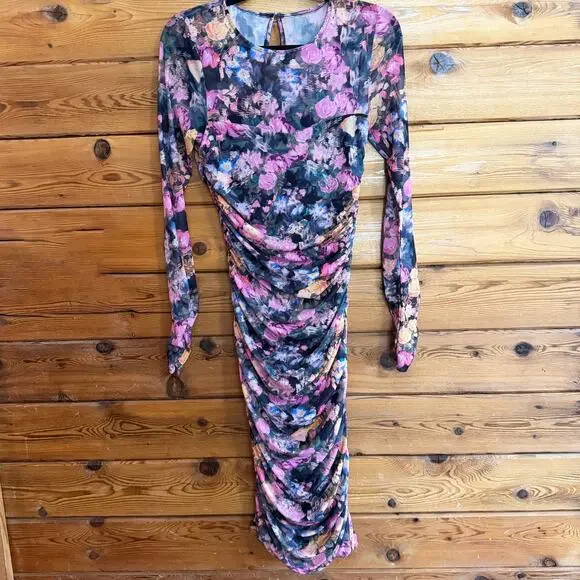 By Anthropologie Ruched Mock-Neck Long-Sleeve Midi Dress Small - Picture 2 of 7